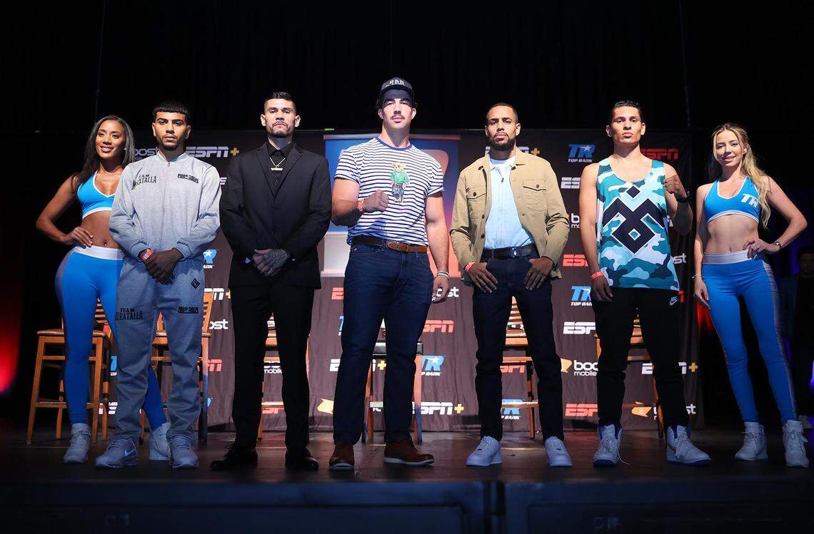 Raymond Muratalla, Arnold Barboza Jr, Richard Torrez Jr, Danielito Zorrilla and Jair Valtierra attend the Arnold Barboza Jr vs Danielito Zorrilla press conference for the WBO Intercontinental jr. welterweight championship on July 13, 2022 in Temecula, California. 