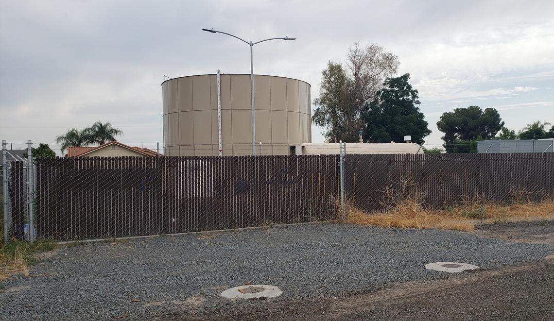 A 211,000-gallon water tank stores water for the small community of Seville, in Tulare County. The community has seen water issues for decades.