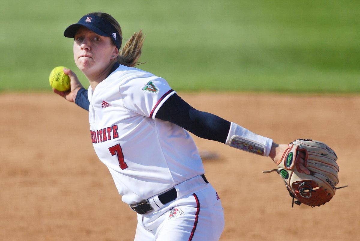 Fresno State’s Hailey Dolcini delivers a pitch against Pacific in the first game of a doubleheader Friday afternoon, Feb. 19, 2021, at Margie Wright Diamond in Fresno. Dolcini struck out 19 batters and the Bulldogs beat UOP 9-0 in five innings.