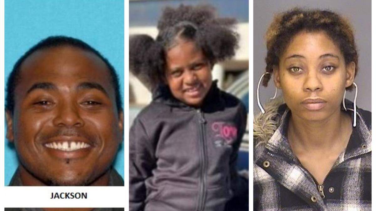 Dhante Jackson, far left, is wanted in the murder of 8-year-old Sophia Mason, center. Sophia’s mother Samantha Johnson, right, was charged Monday with murder and felony child abuse.