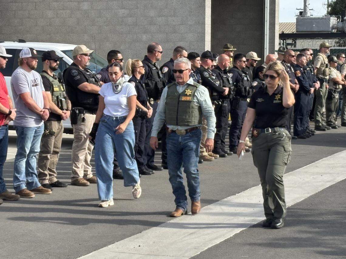 Sheriff Mike Boudreaux walks out the Tulare County Coroner’s Office, where the body of a deputy killed in the line of duty in Porterville was taken on Thursday, April 9, 2026.
