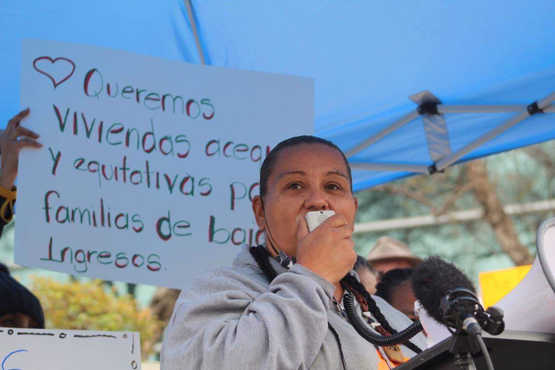 Dez Martinez, a homeless advocate, speaks about a need for affordable housing and homeless resources in Fresno during a rally in September 2022.