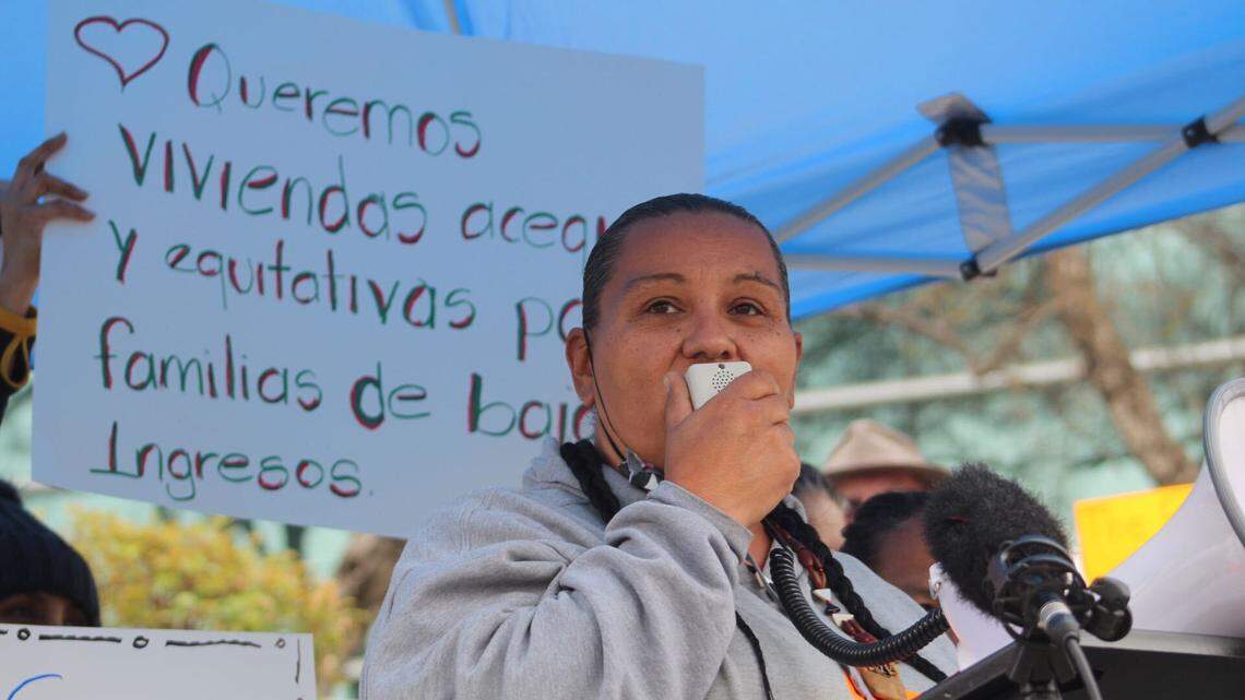 Dez Martinez, a homeless advocate, speaks about a need for affordable housing and homeless resources in Fresno during a rally in September 2022.