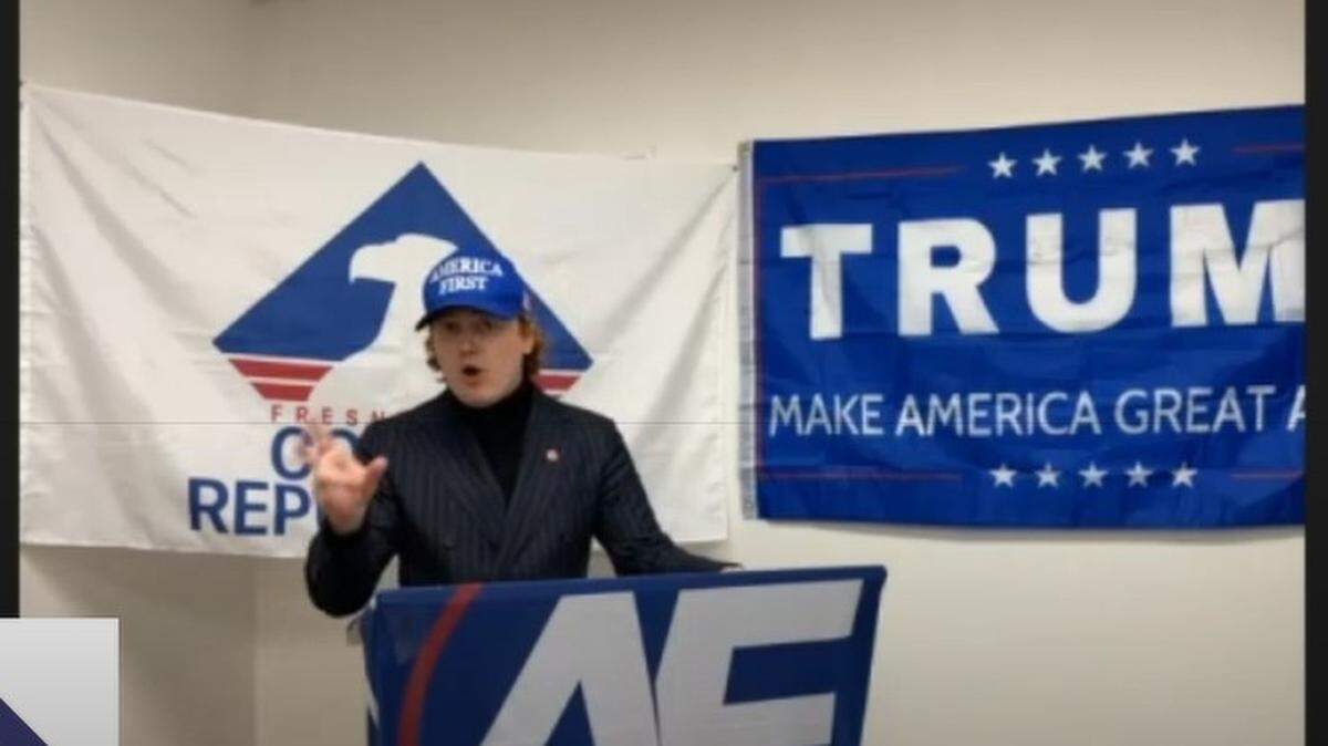 A screenshot of Tyler Russell’s speech hosted by the Fresno State College Republicans on Wednesday, Nov. 17, 2021.