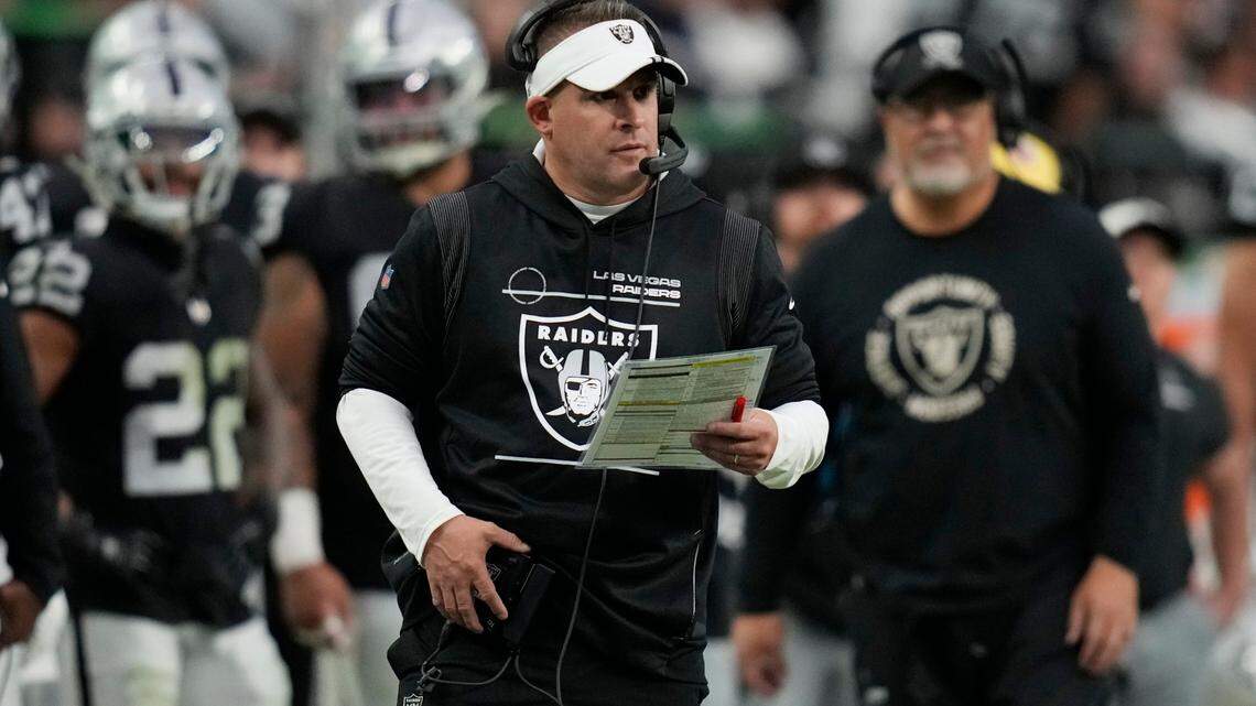 Las Vegas Raiders head coach Josh McDaniels against the New England Patriots during an NFL game, Monday, Dec. 19, 2022, in Las Vegas.