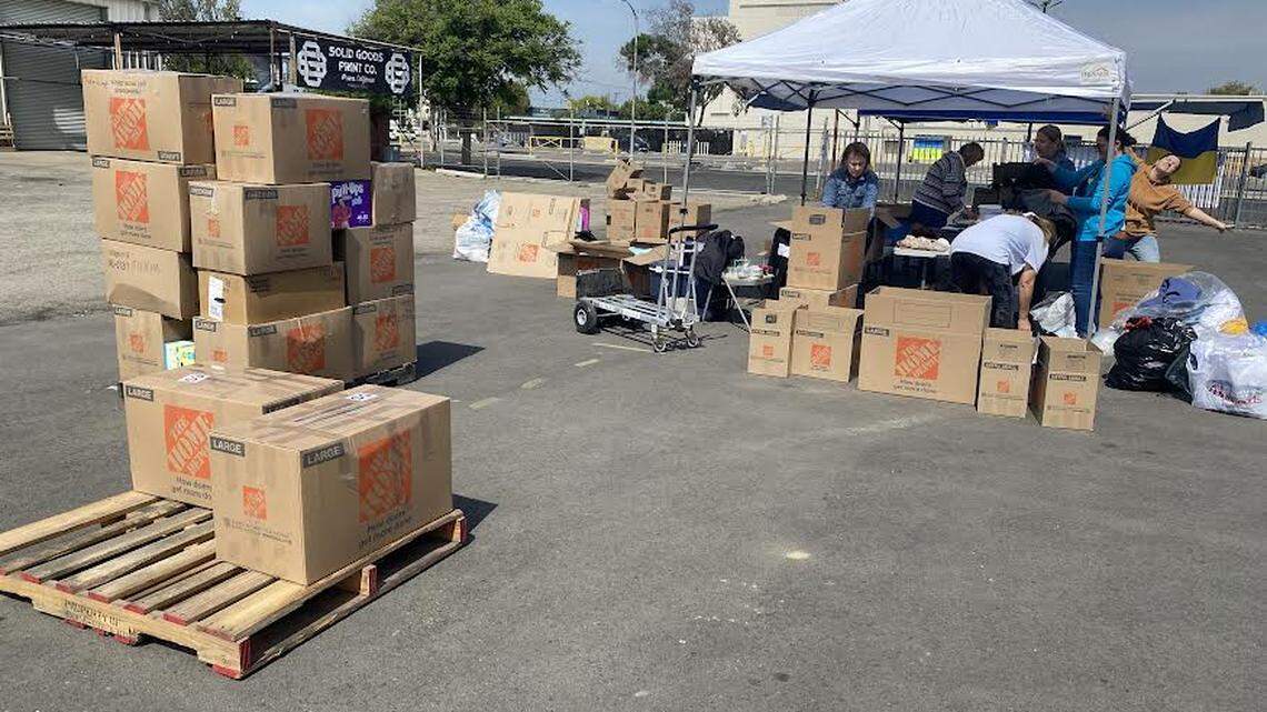Boxes of relief supplies donated by Fresnans for Ukraine are readied for shipment after they were donated at a downtown Fresno collection site.