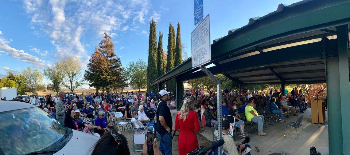 A panorama showing most of the large crowd that attended a Sept. 20, 2022 meeting in Squaw Valley, California, about proposals to change the Fresno County town’s name.