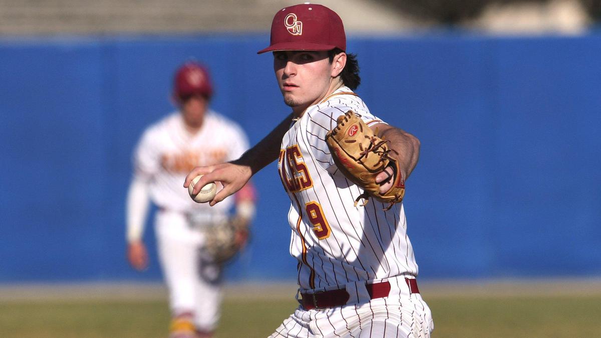 File photo of Clovis West pitcher Tyler Patrick, right, winding up against San Joaquin Memorial in Coca-Cola Classic baseball championship action Saturday, March 12, 2022 in Clovis.