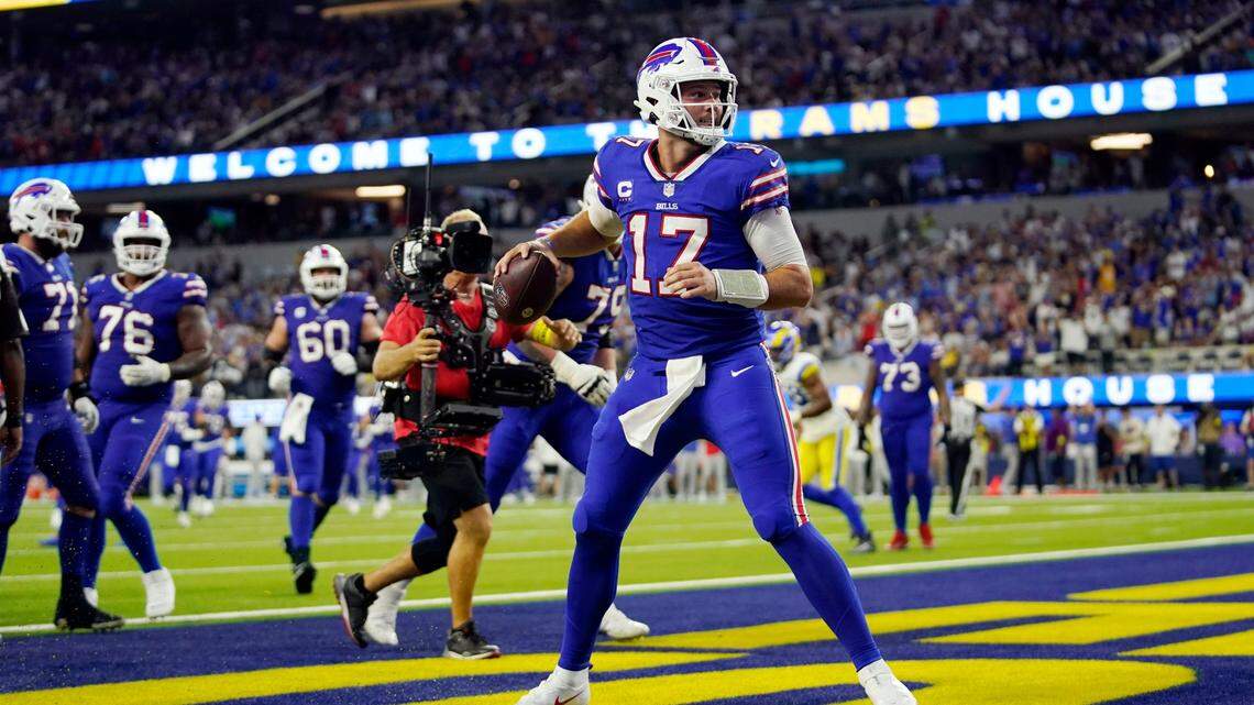 Buffalo Bills’ Josh Allen stands in the end zone after a rushing touchdown during the second half of an NFL game against the Los Angeles Rams Thursday, Sept. 8, 2022, in Inglewood.