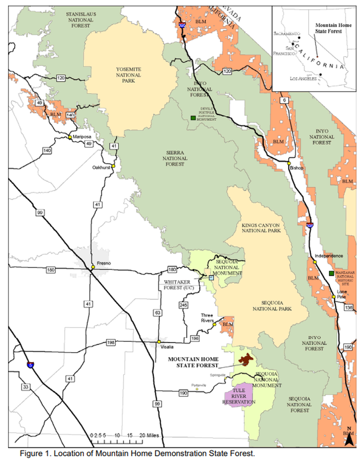 A map of the Southern Sierra that was included in a Mountain Home Demonstration State Forest management plan from 2010.