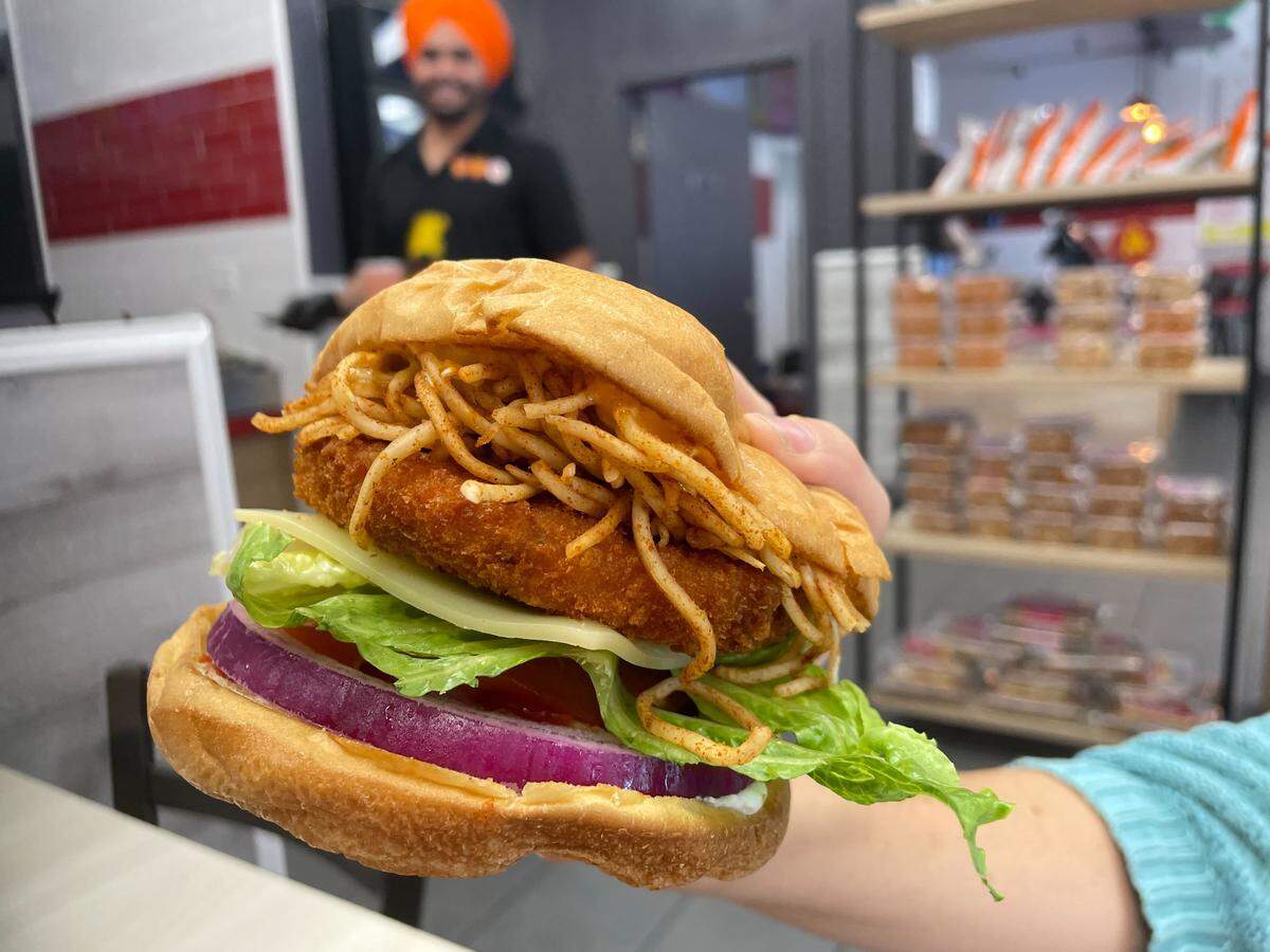 Tawa Noodle burger at Taco Twist in Fresno photographed Aug. 13, 2024.