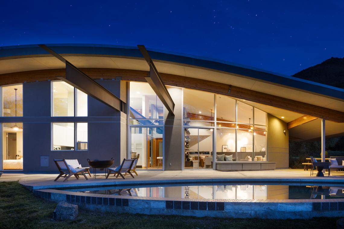 A home near Fresno, California, was designed to blend with the river and foothills. The 2,000-square-foot, two-bedroom, two-bathroom home is for sale for $2.3 million.