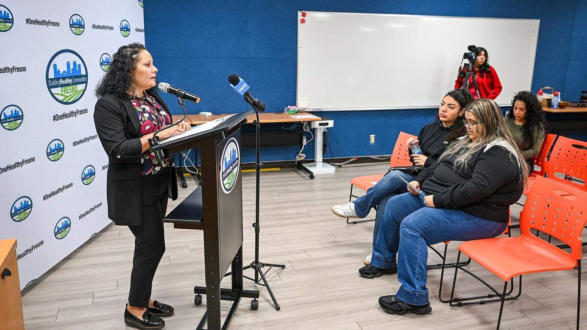 Sandra Celedon, President and CEO of Fresno Building Healthy Communities, holds a press briefing at the organization's office in Fresno on Wednesday, Jan. 7, 2026, to comment on an upcoming hearing on a highway expansion project at North and American avenues south of Fresno.