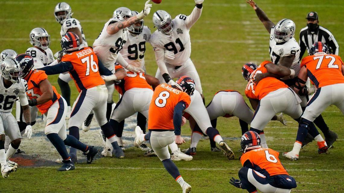 Las Vegas Raiders block a field goal attempt by Denver Broncos kicker Brandon McManus (8) during the first half of an NFL football game, Sunday, Jan. 3, 2021, in Denver.