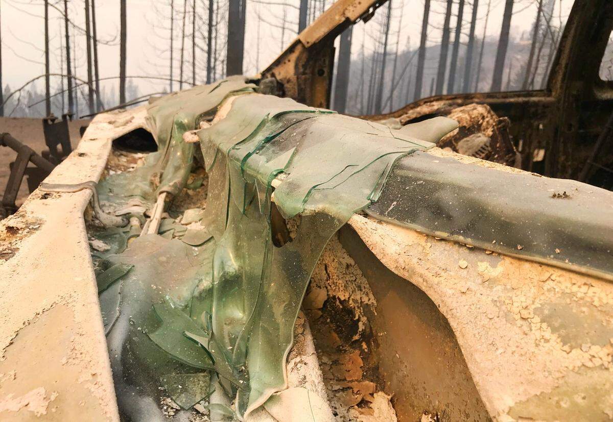 A windshield of a truck parked on a turnout just uphill from Cressman’s was melted as the Creek Fire scorched Highway 168 in eastern Fresno County, California.