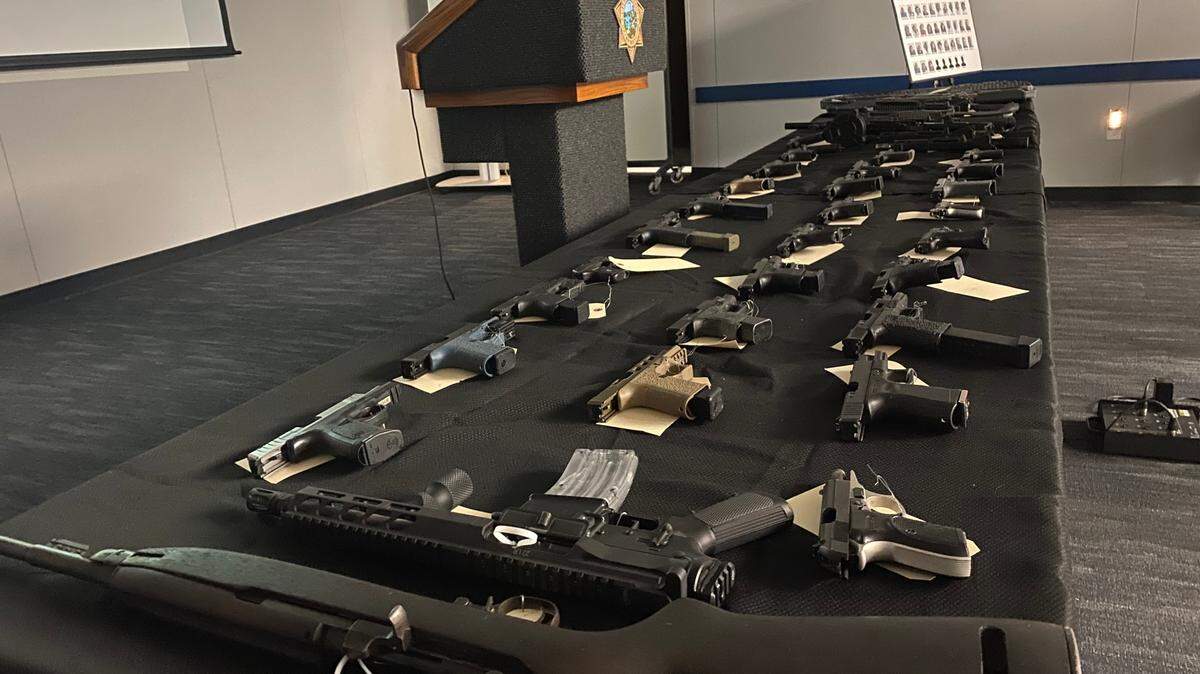 Fresno police displayed about 40 guns on Tuesday, May 23, 2023, taken during scores of arrests over the previous two weeks.