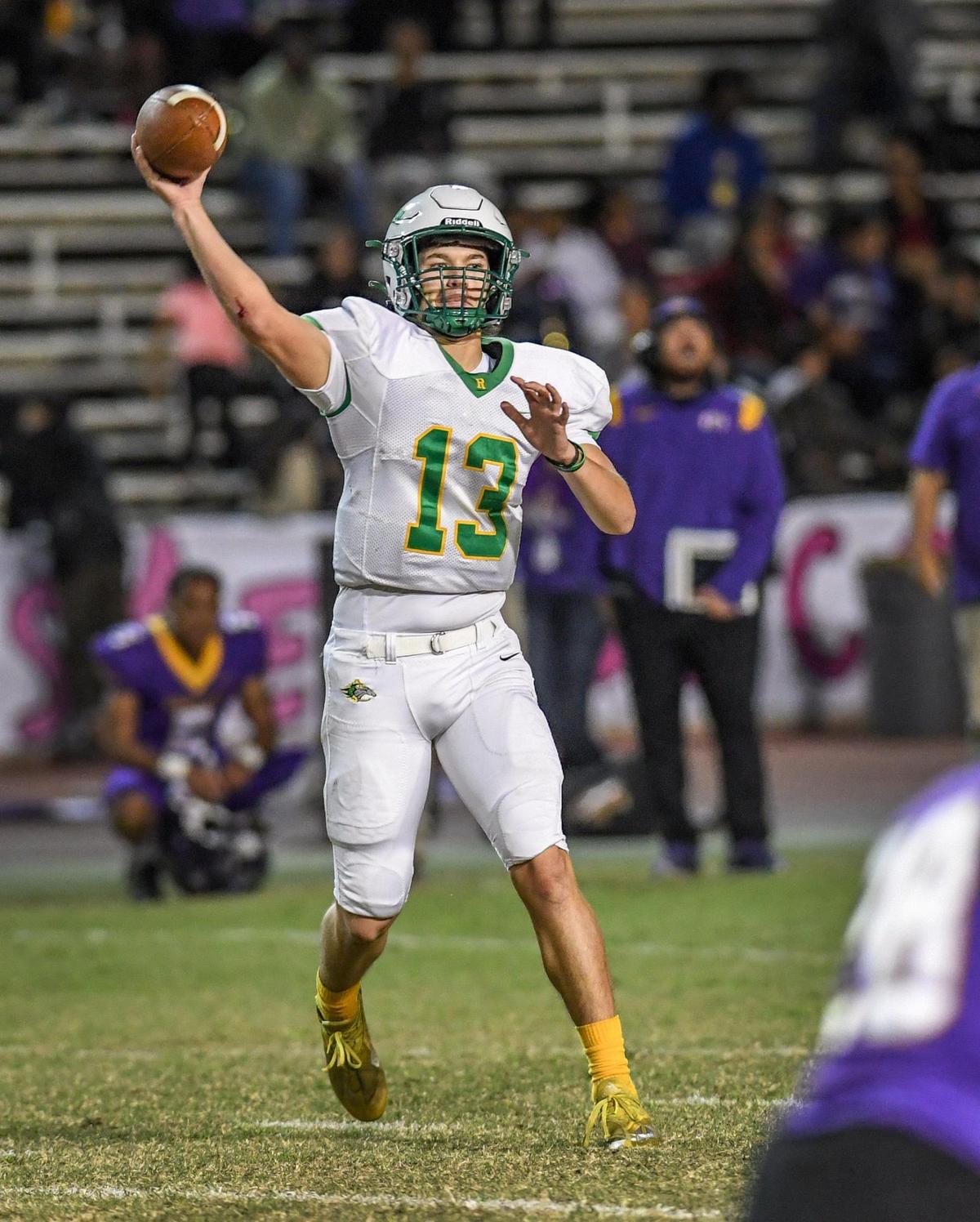 Roosevelt quarterback Jackson Kloster throws downfield against Fresno during the 92nd annual Little Big Game between the two schools at Ratcliffe Stadium in Fresno on Friday, Oct. 28, 2022.