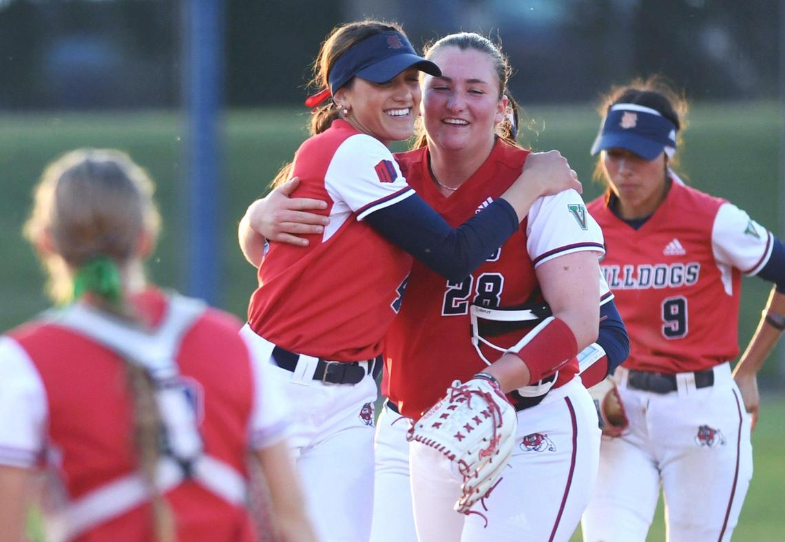 Fresno State pitcher Taylor Gilmore, right, celebrates Taryn Irigoyen’s catch, left, for Nevada’s 3rd out in the 5th inning Friday, April 21, 2023 in Fresno.