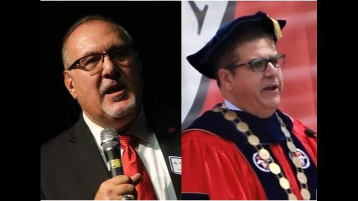 Frank Lamas, left, former vice president of student affairs at Fresno State, was the subject of at least 12 complaints of sexual harassment at the university between 2014 and 2019, when Joseph I. Castro, right, was the university president. Castro became chancellor of the California State University system in 2020, but resigned in February 2022 amid questions over his handling of the allegations against Lamas.