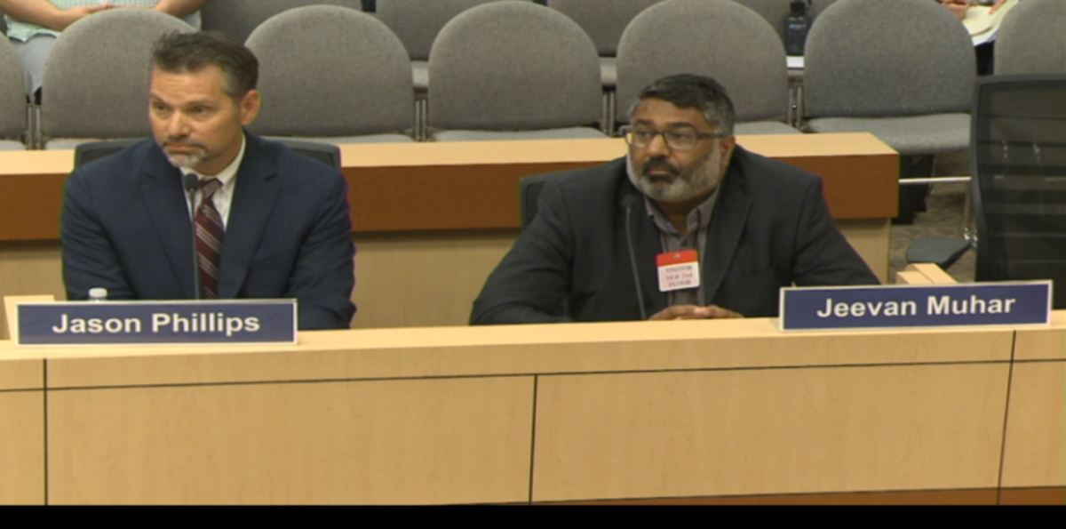 Friant Water Authority CEO Jason Phillips, left, with Jeevan Muhar, General Manager of Arvin-Edison Water Storage District, testify before a state board.
