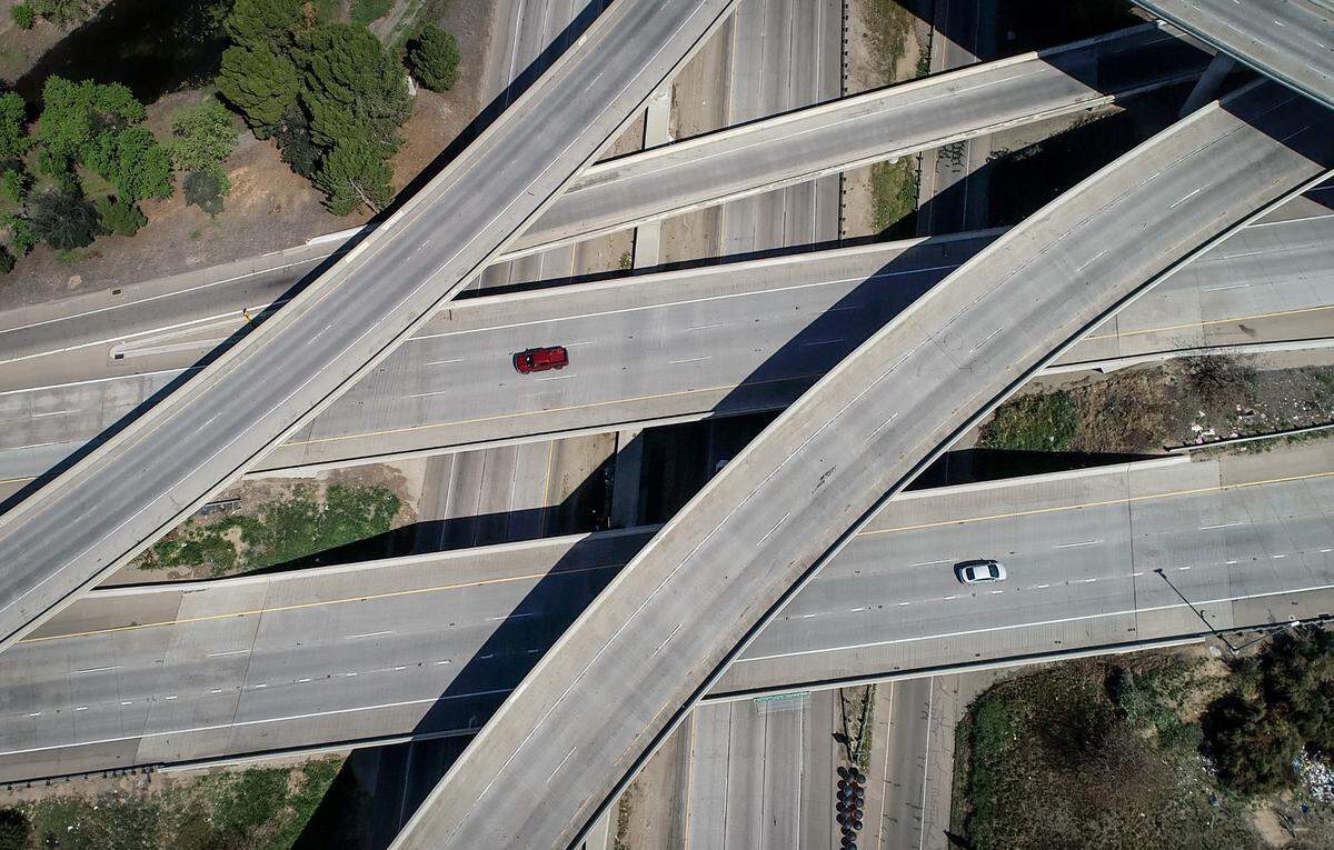 The Highways 41/180 interchange in Fresno appears nearly devoid of cars at around noon on Friday, March 27, 2020. This interchange was built with Measure C funds approved by voters.