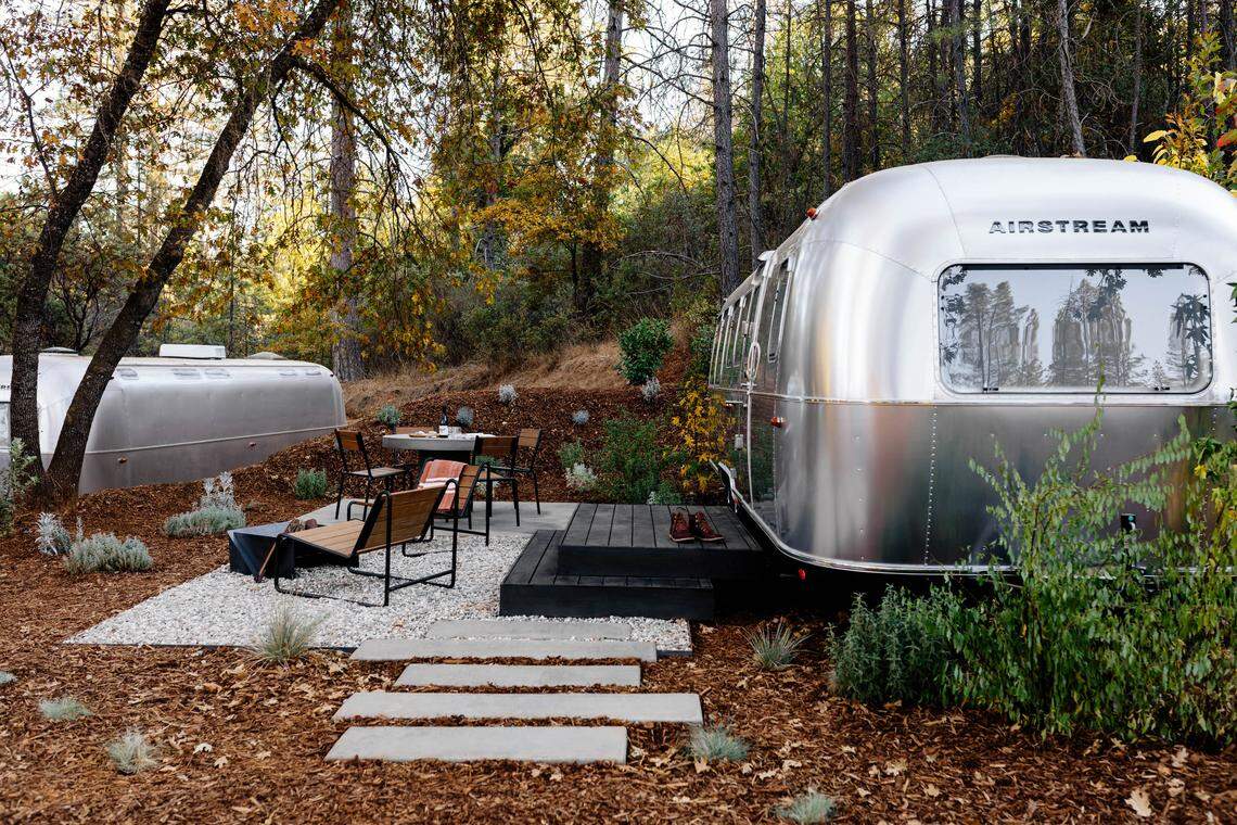 An Airstream trailer available for rent at AutoCamp Yosemite in Midpines, near Yosemite National Park.