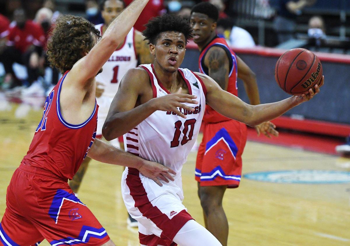 Fresno State forward Orlando Robinson drives to the basket against William Jessup’s Matthew Schmidt in the Bulldogs’ 87-47 victory Nov. 25, 2020, in Fresno. Robinson finished with a double-double with 16 points and 10 rebounds.
