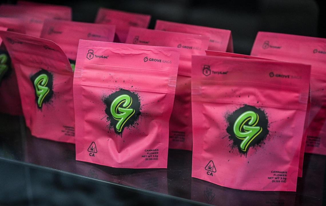 G7 grove bags, provided specifically for Beyond Rooted, are displayed at the new cannabis dispensary in Fresno during their soft opening on Thursday, July 3, 2025.