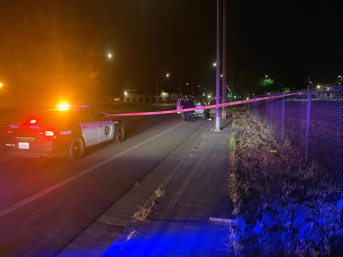 The victims vehicle comes to a rest on North Avenue in Fresno, California after a shooting that sent two men to the hospital on Saturday, April 24, 2021.
