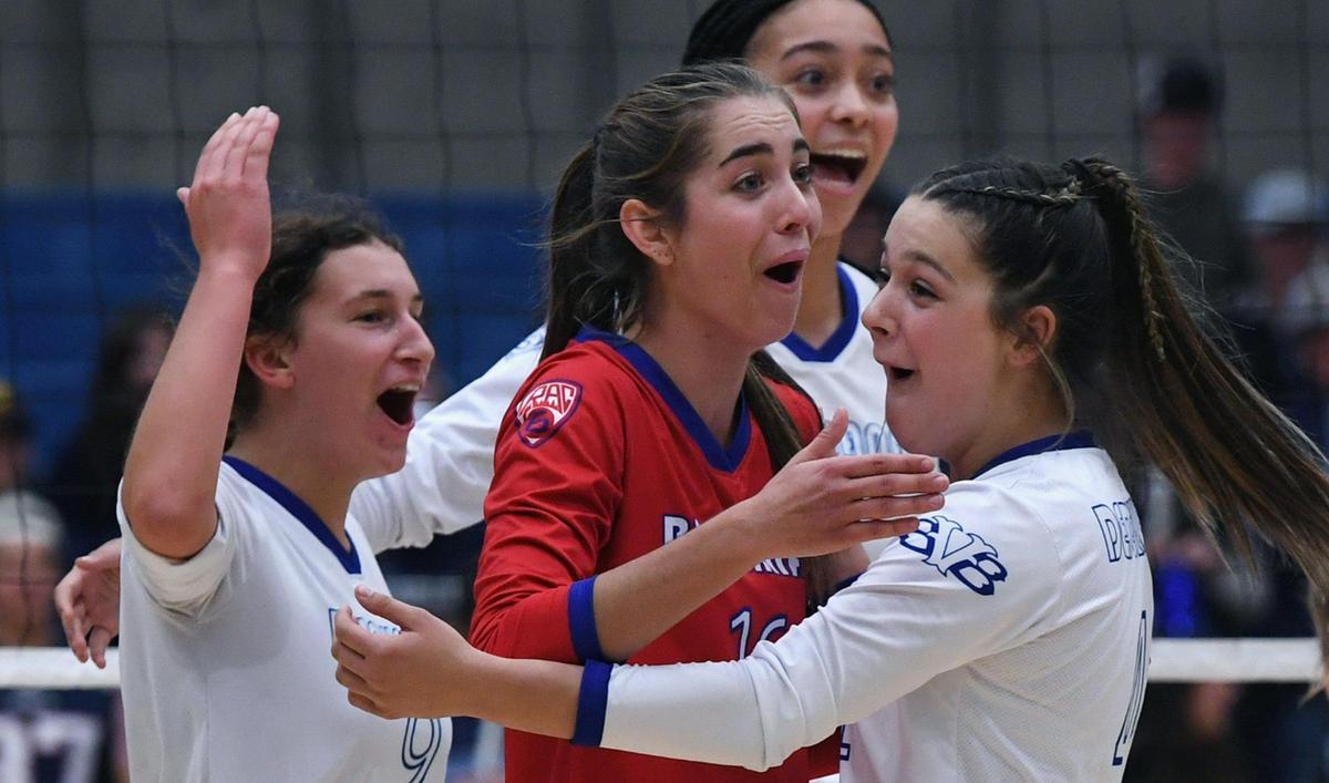 Buchanan celebrates a point against Central Valley Christian in the Central Section’s Division II girls volleyball championship Thursday, Nov. 3, 2022 in Clovis. The Bears won the fifth set to clinch a section title.