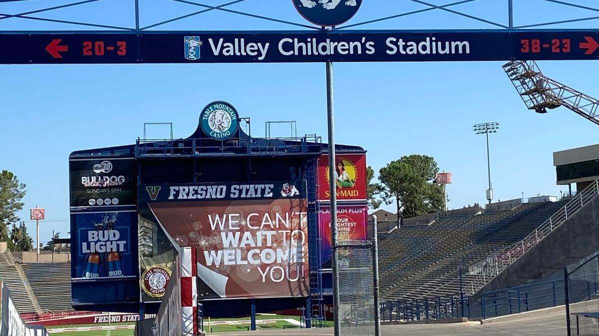 A Valley Children’s Stadium sign greets fans at what once was Bulldog Stadium. Fresno State and Valley Children’s Healthcare are heading toward year two of a 10-year, $10 million naming rights deal.