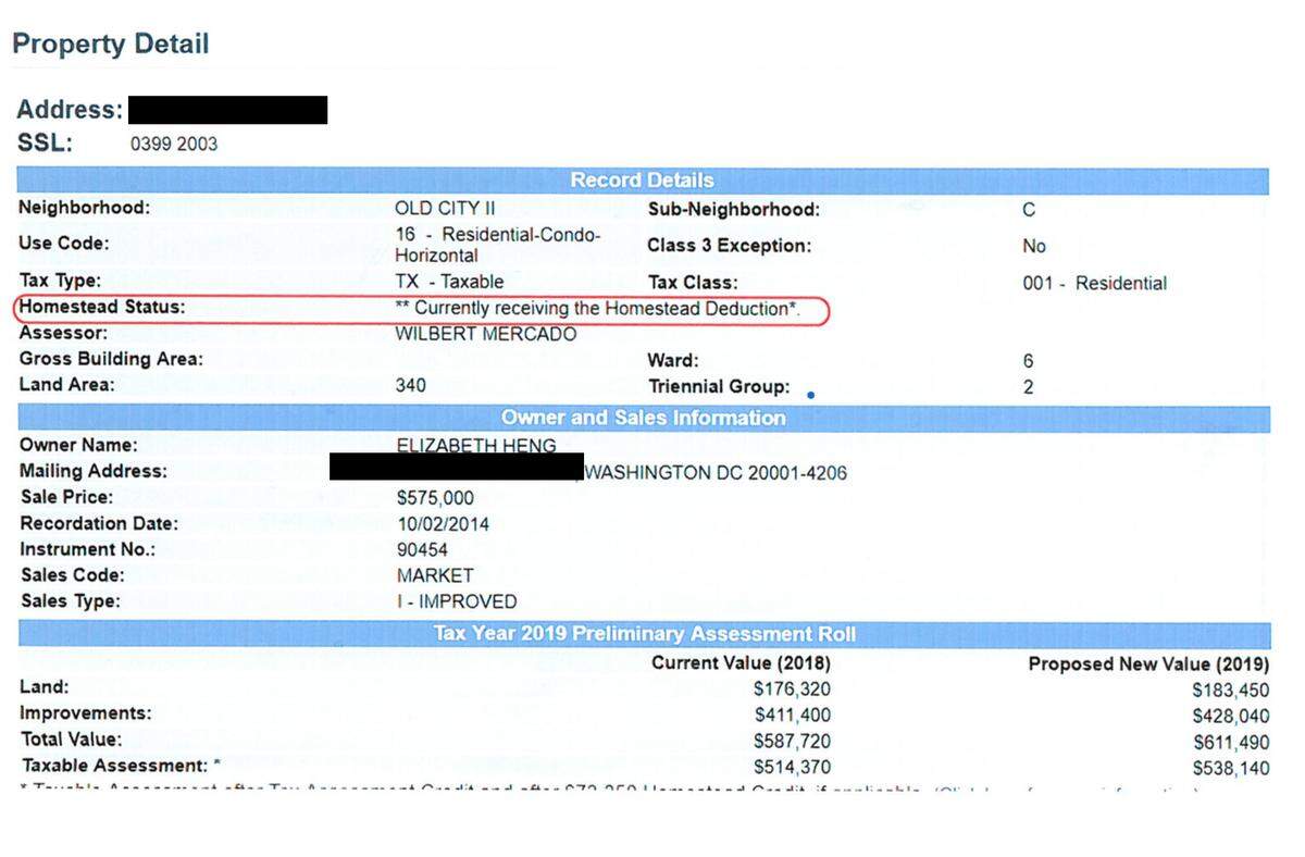 A copy of Elizabeth Heng’s Washington D.C. property records, taken before Oct. 16. They have since been updated to show Heng no longer claims a homestead exemption.