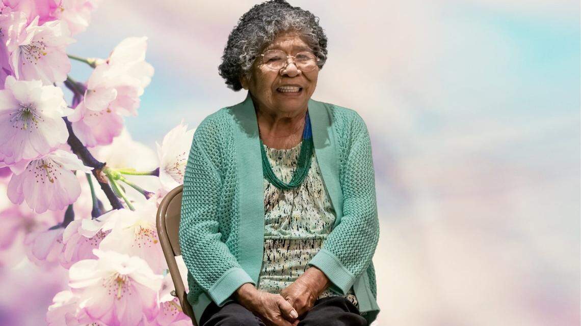 A photo of Marie Desma Wilcox on a flier announcing her memorial service in Visalia, California, and a luncheon to follow in Exeter.