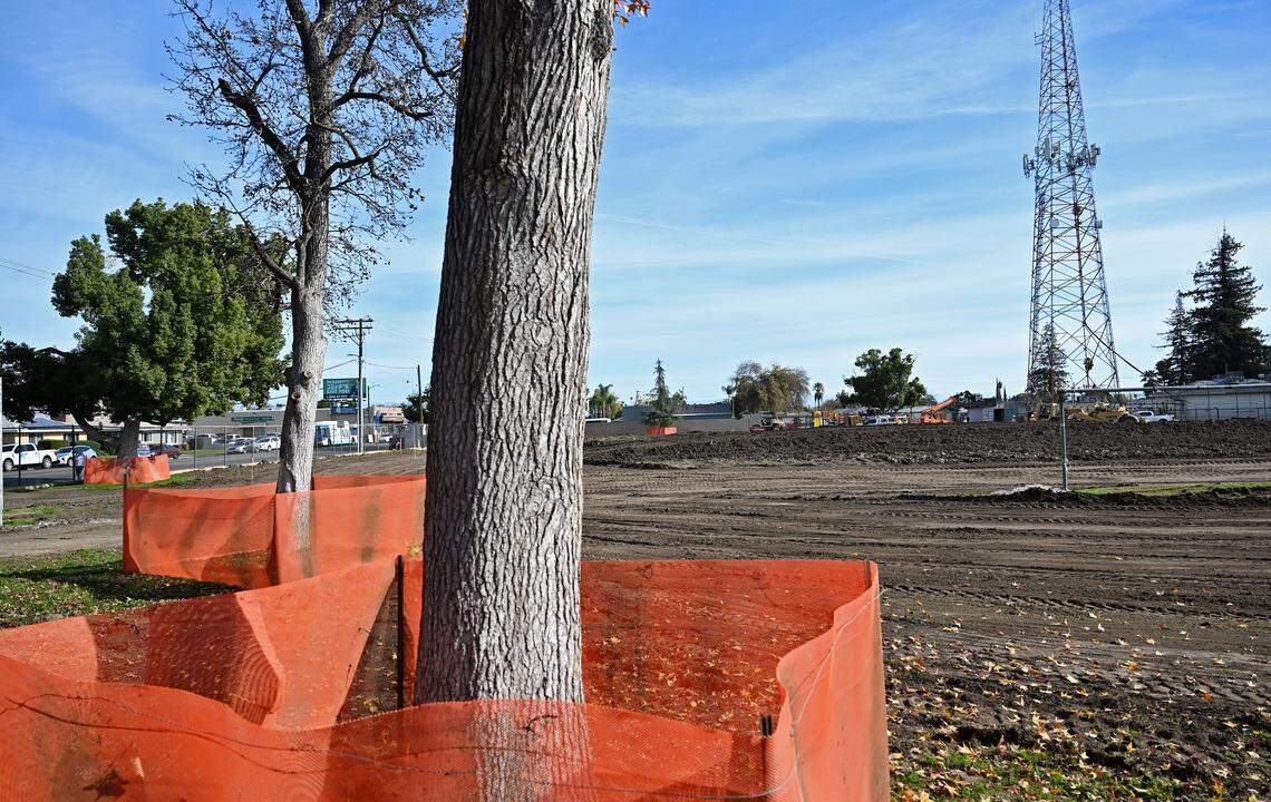 Radio Park is closed to the public as renovations continue through early 2027 on Monday, Dec. 22, 2025 in Fresno. When the park at First Street and Clinton Avenue reopens, the $10.6 million renovation project will showcase a splash pad for children, an amphitheater at the southwest corner and a reconfigured soccer field.