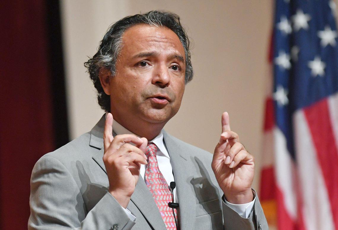 Dr. Madjid Niroumand, a finalist, seen presenting at the Fresno City College President Candidate Forum held in the Old Administration Building Tuesday, April 19, 2022 in Fresno.