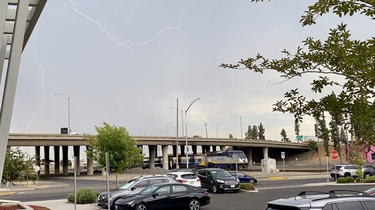 Lightning can be seen near downtown Fresno, California on Monday, June 24, 2024.