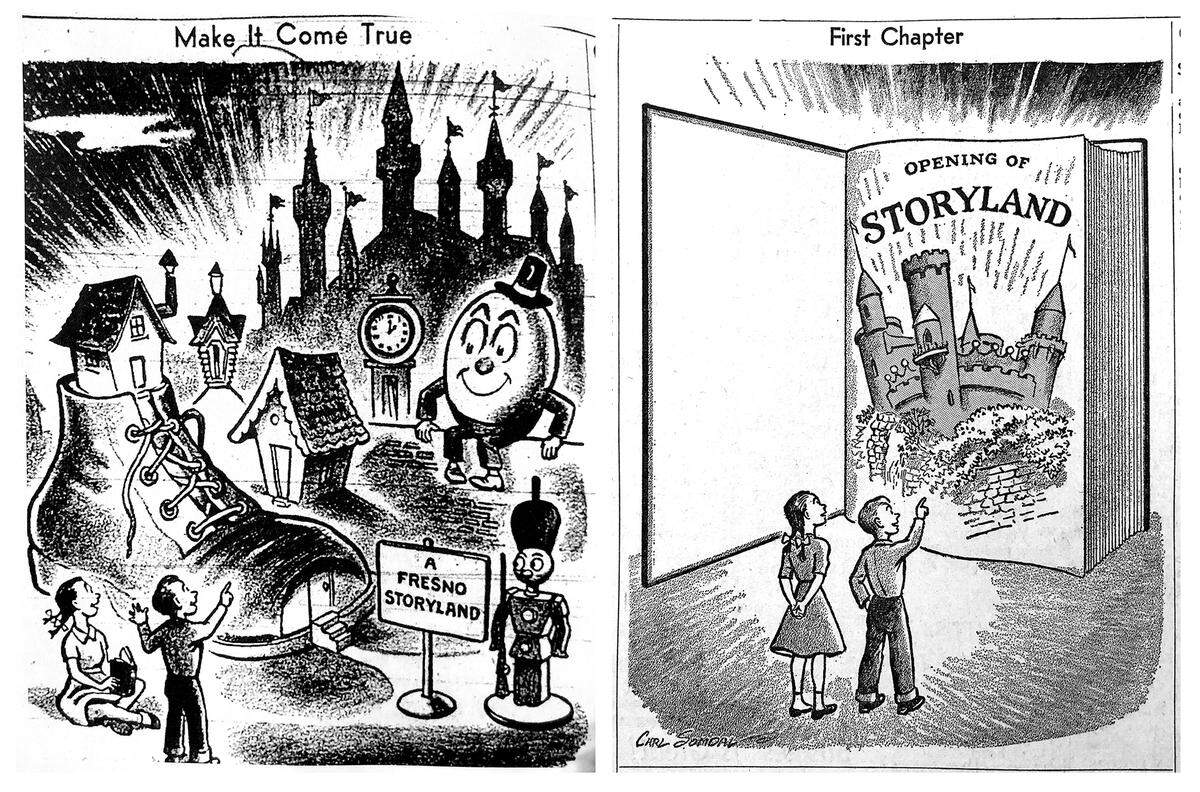A pair of Fresno Bee editorial cartoons, left, promoting the creation of Storyland; right, upon its opening.