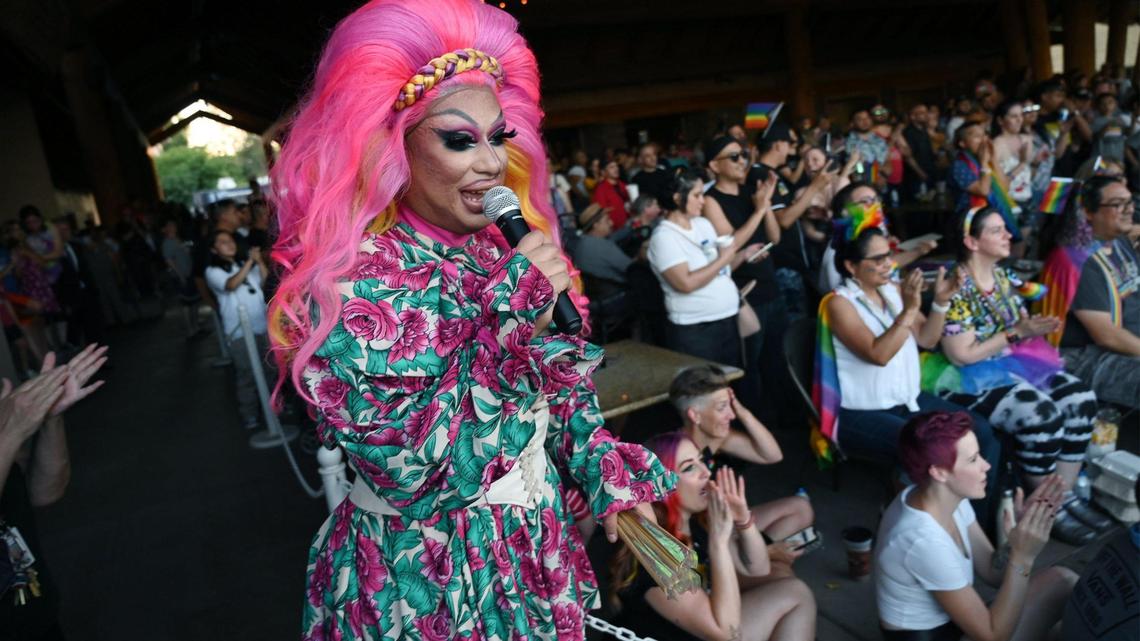 Drag queen Cara Coronado introduces drag queens for the finale at the end of Fresno Chaffee Zoo’s special Family Pride event held Friday, June 24, 2022 in Fresno.