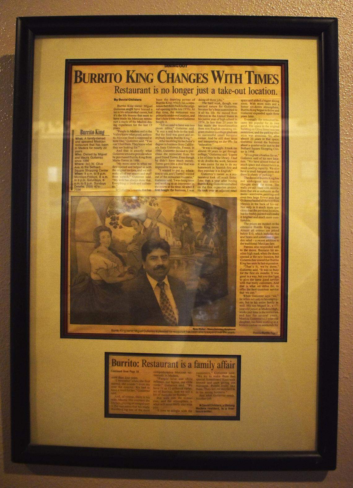 Miguel Gutierrez, pictured in the above Madera Tribune article from the turn of the last century, owned Burrito King from 1996-2000. He sold the restaurant to his sister, Ede Castro, and her husband, Raul.
