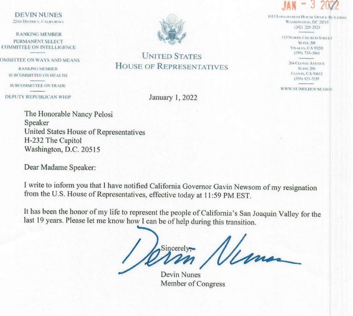 Rep. Devin Nunes’ retirement notice to House Speaker Nancy Pelosi.