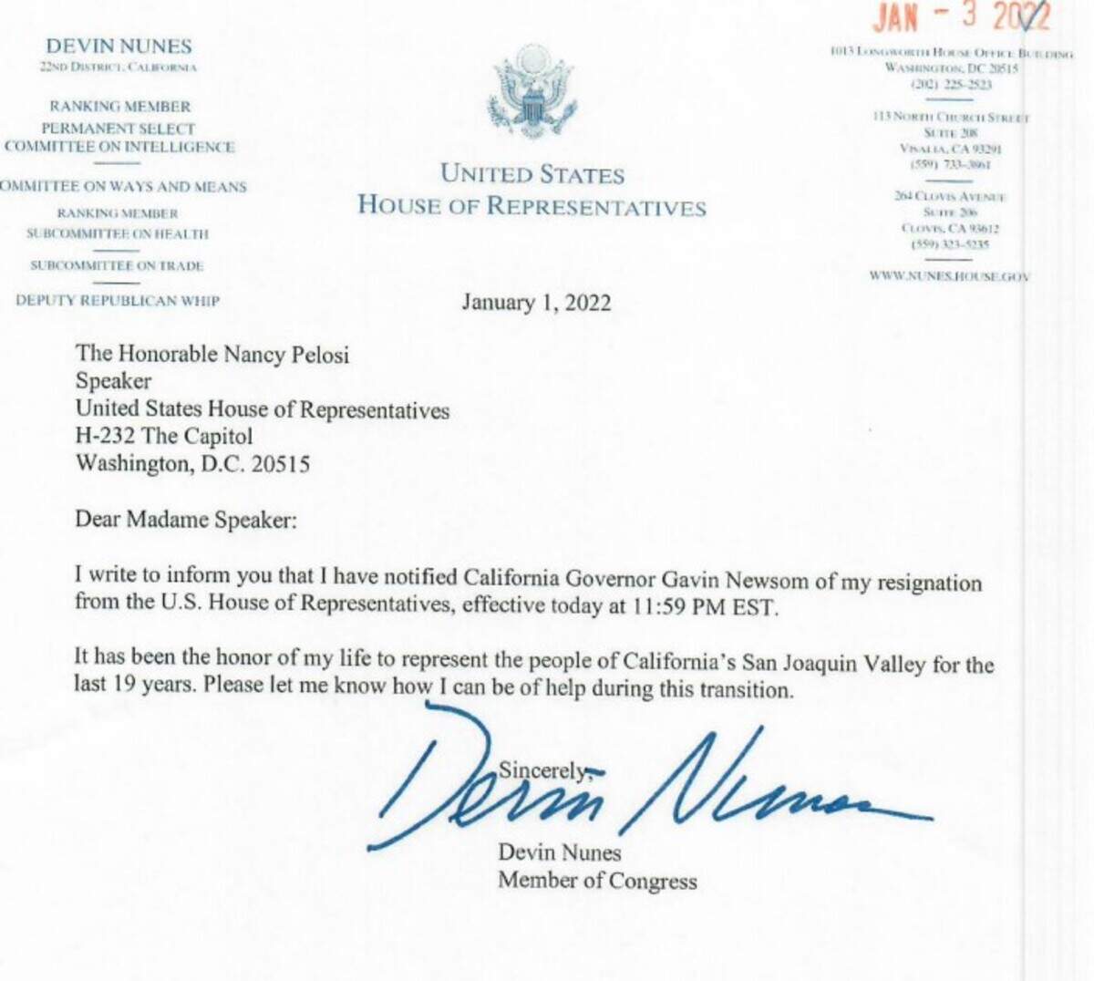 Rep. Devin Nunes’ retirement notice to House Speaker Nancy Pelosi.