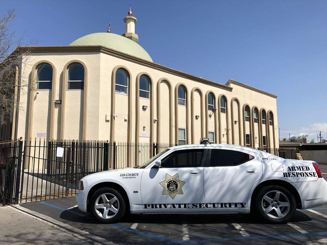 A private security vehicle blocks entrance to the Fresno Islamic Center on Shaw Avenue, near Fresno State, on Friday, March 13, 2020. A large prayer was canceled over concerns of the novel coronavirus.