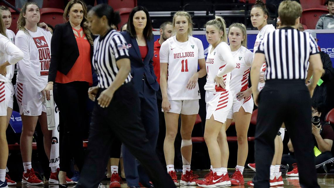 The Fresno State bench waits as officials discuss a technical foul in the final moments of overtime during an NCAA college basketball game for the Mountain West Conference women’s tournament championship against Boise State Wednesday, March 4, 2020, in Las Vegas. (AP Photo/Isaac Brekken)