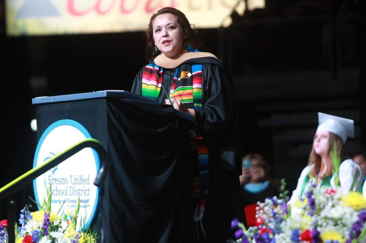 Hoover region trustee Claudia Cázares during Hoover High School Class of 2022 commencement ceremony Monday night (June 6) at the at the Save Mart Center.