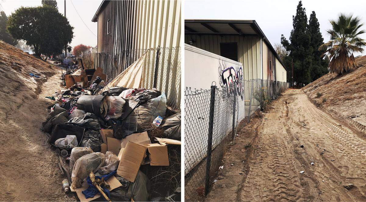 BEFORE (LEFT): Garbage and belongings from a homeless camp in downtown Fresno accumulated behind the Hye Quality Bakery and a Highway 41 off-ramp on Monday, Nov. 25, 2019. A recent fire (note the charred exterior paneling) nearly burned down the building. AFTER (RIGHT): The same location, photographed from the opposite direction, on Tuesday, Nov. 26, 2019, after a city of Fresno hazmat crew cleaned up the site.