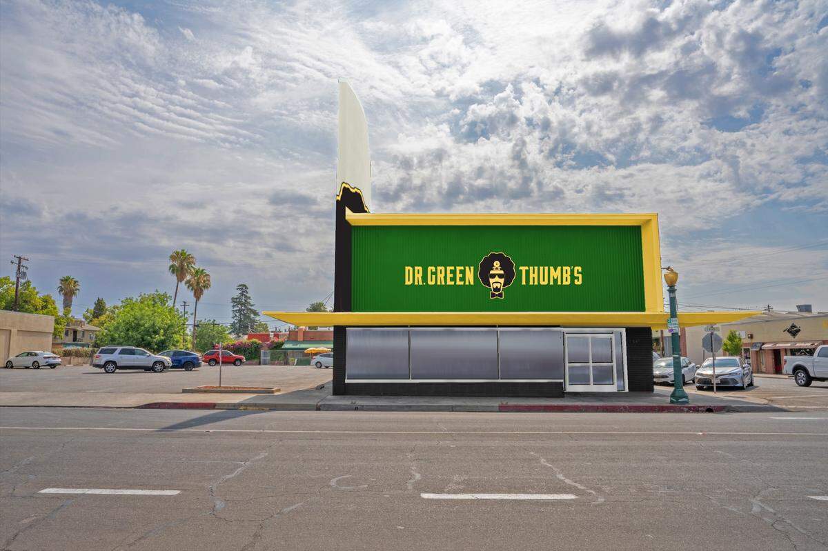Dr. Green Thumbs, a cannabis dispensary at Olive and Fern avenues, is shown in this artist’s rendering. It comes complete with a bank vault, thanks to the building’s previous owner, Bank of America.