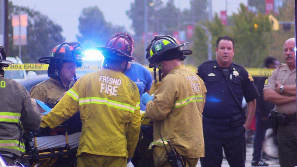 The Fresno Fire Department extricated a suspect who collided with a vehicle, fire hydrant and a power pole on Saturday, Sept. 10, 2022.