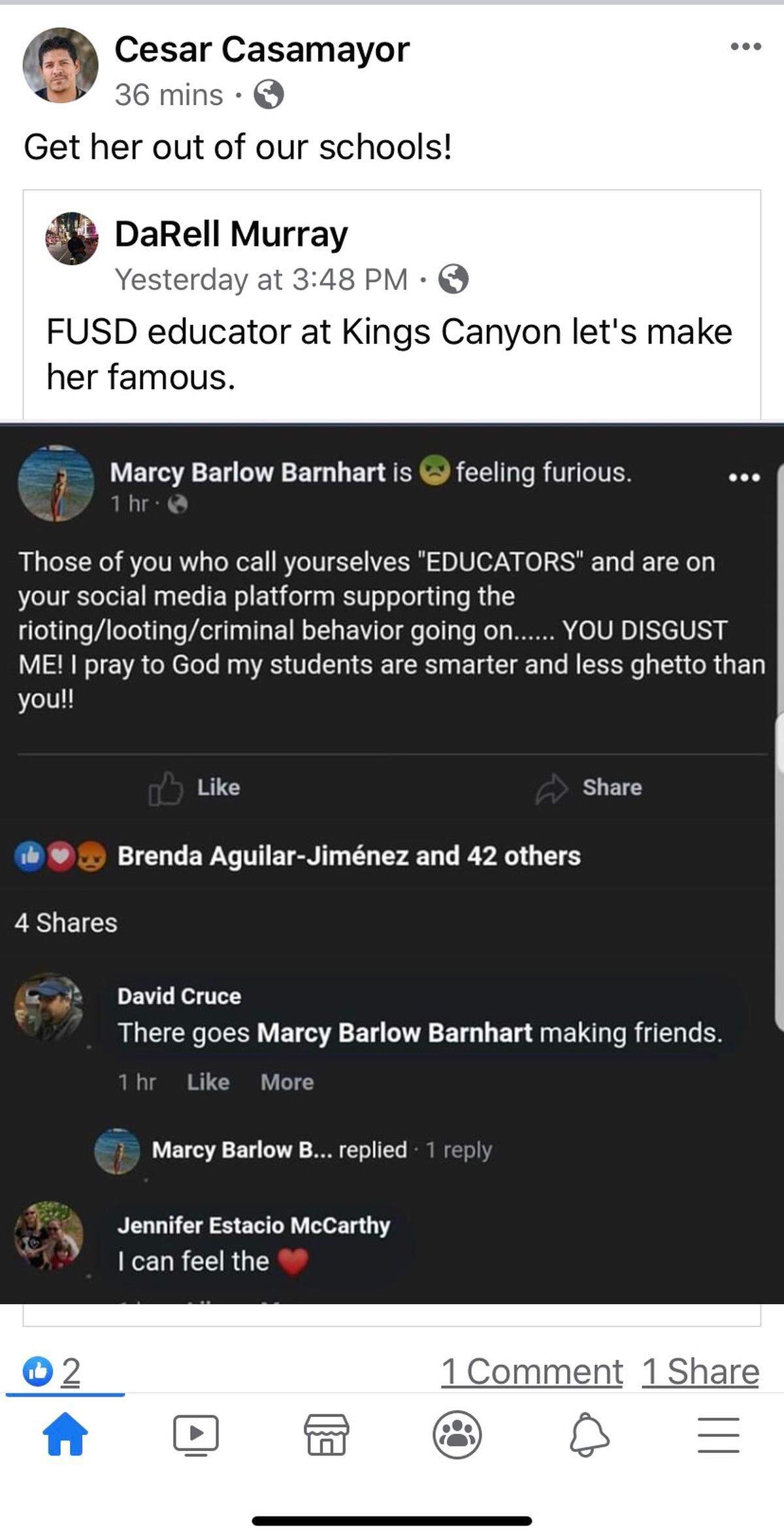 A screenshot of a Facebook post from a Fresno Unified School District teacher, Marcy Barnhart, slamming educators who spoke out on social media in support of recent protests.