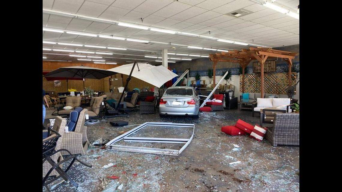 A man drove his BMW through the glass doors of a furniture store in Clovis on Friday, police said.&nbsp;