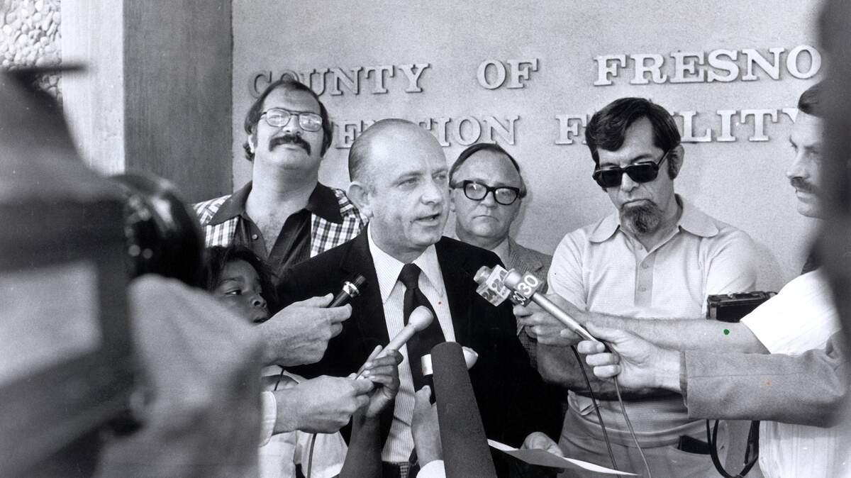 The Fresno Bee Four, from left, Joe Rosato, George Gruner, William K. Patterson and James Bort, Jr., on Sept. 3, 1976 outside Fresno County Jail.